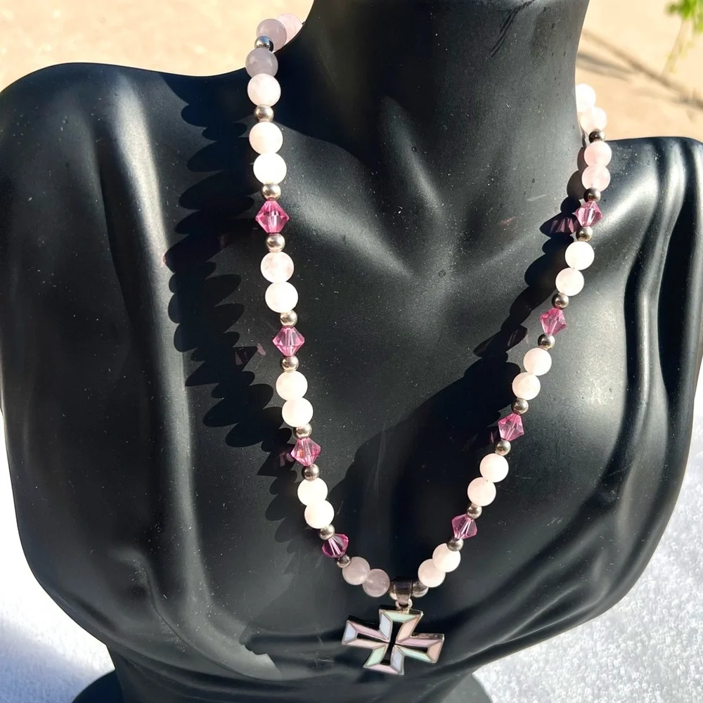 Vintage Handmade Crystal Natural Stone Mother of Pearl Pearlized Cross Necklace